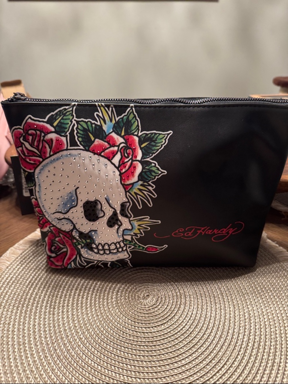 Ed Hardy Black Clutch/ Cosmetic Pouch with Skull & Rose Design